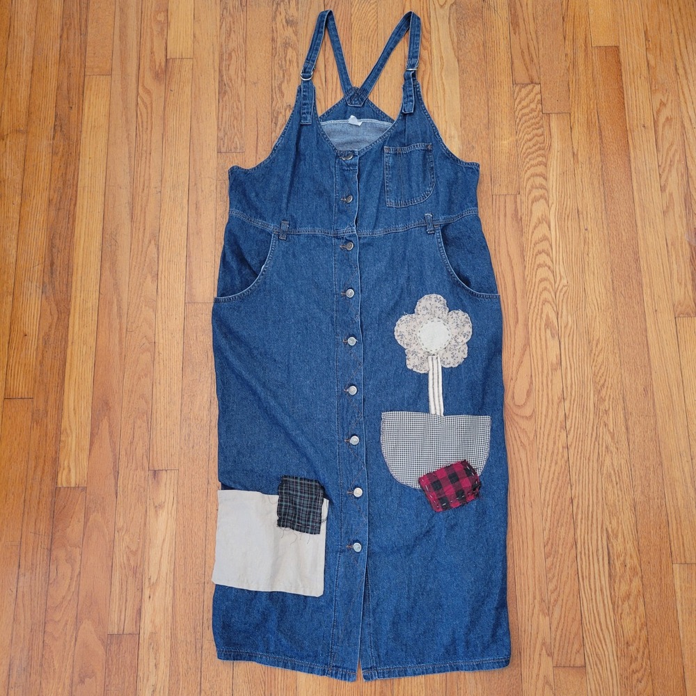 Lee Denim Jumper Dress Overalls‎ Button Up Midi Cottagecore Patchwork 2X Vintage
